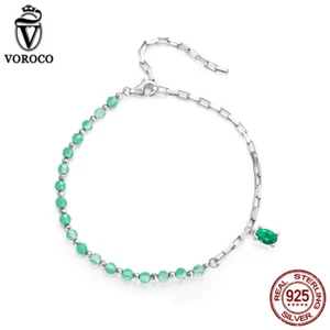 Pulseras Voroco para mujer S925 plata esterlina vidrio verde circonita cúbica cadena joyería para mujer - Imagen 1 de 17