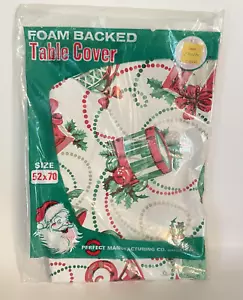 Vtg Foam Backed Christmas Table Cover 52x70 Drums Gifts Bells Scallop Edge NOS - Picture 1 of 3