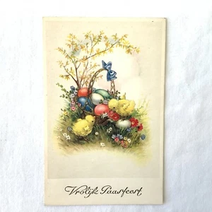 Vintage Oster Postkarte Holländisch "Vrolijk Paasfeest" Küken Ostereierkorb - Bild 1 von 6