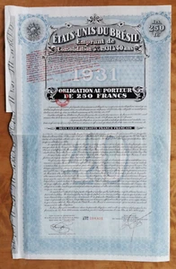 BRAZIL Government / State Bond: Etats Unis du Bresil 5% 1931 250 FFR unc div. cp - Picture 1 of 3