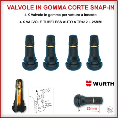 WUERTH Valvole Tubles CORTE TR412 25MM Valvole in Gomma SNAP-IN per cerchi in lega auto