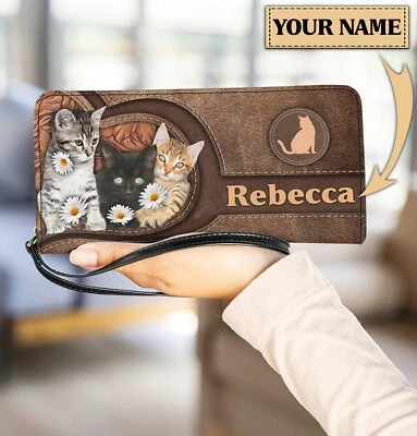 Cartera sin asas de cuero personalizada para gatos con flores de margarita, billetera para gatos regalo para amantes Foto 1 de 3