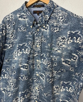 Camisa masculina vintage Tommy Hilfiger golfe azul estampa tropical XXL Aloha havaiana - Imagem 1 de 4