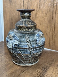 Art Pottery Etched Applied Flower Vase Signed Brown Blue Rustic Earthy Boho - Picture 1 of 7
