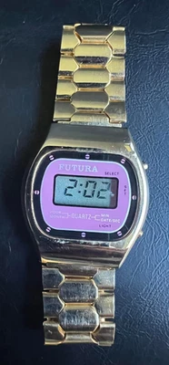 Vintage Futura Digital Quartz Gold Tone Watch - New Battery - Purple - Image 1 of 4