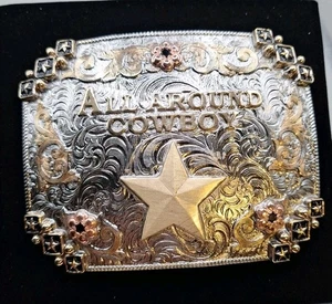 OVERSIZED ALL AROUND COWBOY TROPHY BELT BUCKLE TEXAS STAR ON GERMAN SILVER - Picture 1 of 6
