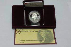 1993-S Thomas Jefferson 250th Commemorative 90% Proof Silver Dollar-OGP w/COA - Picture 1 of 4