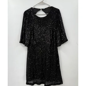 Old Navy schwarzes Pailletten Kleid L hinten offen Flatterärmel Party Cocktail - Bild 1 von 9