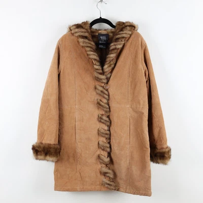 Chaqueta Abrigo Rancho Largo de Cuero Gamuza Marrón Tostado Años 90 De Colección Talla XS Foto 1 de 4