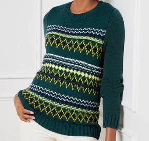 Talbots Forest Green & Yellow/White Accent Knitted Crewneck Sweater Size Large - Picture 1 of 5