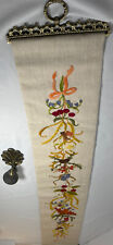 Vtg Birds & Flowers Embroidered Tapestry Bell Pull Brass Hardware 44” X 7-3/4”