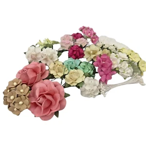 70 Mix Pastel Paper Flower Leaf Stamen DIY Craft Wedding bouquet Scrapbook TH-C3 - Picture 1 of 3