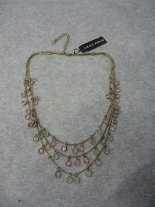 Anne Klein Bezel Crystal White Pink Glass Gold Tone 3 Strand Necklace Signed - Picture 1 of 6