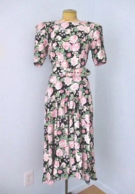 Vtg 80s E.D. Michaels Black Pink Roses Floral Cottage Core Tea Dress Pockets 8 - Image 1 of 4