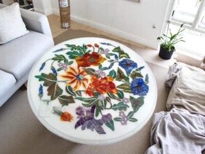 24 " Weißer Marmor Tischplatte Kaffee Seite Inlay Lapis Mosaik Pietra Dura Kunst - Picture 1 of 8