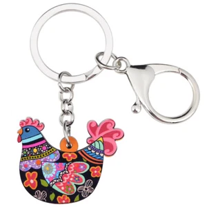 Acrylic Floral Hen Chicken Keychains Key Ring Farm Animals Jewelry Charms Gifts - Picture 1 of 9