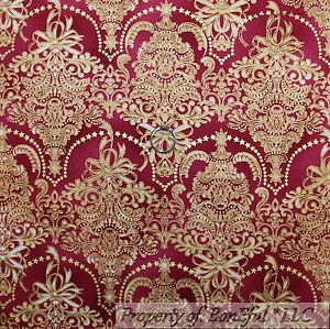 BonEful Fabric FQ Cotton Quilt Maroon Red Gold Metallic Flower Xmas Tree Damask