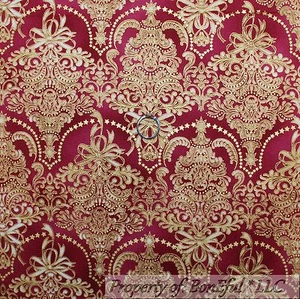 BonEful Fabric FQ Cotton Quilt Maroon Red Gold Metallic Flower Xmas Tree Damask - Picture 1 of 6