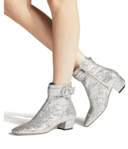 Jimmy Choo Platinum Crystal Myan 45mm Glittered Leather Ankle Boots Size 36.5 - Picture 1 of 12