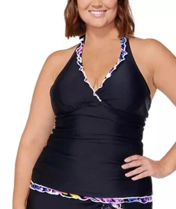 NWT Island Escape Womens WATERFALL GARDEN Tankini Top Black Size 16W - Picture 1 of 3