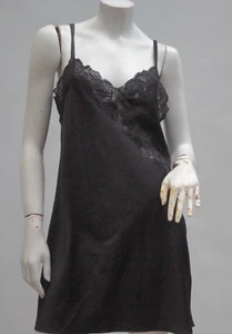 Ralph Lauren Black Satin Lace Trim Slip Dress Nightgown Negligee Lingerie - Picture 1 of 9