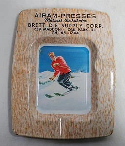 Vintage Tin Skiing Advertising Ashtray Airam Presses Brett Die Supply Oak Park - Picture 1 of 3