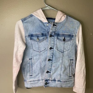 Light denim button down pink grey sweater hooded and sleeve jacket - Picture 1 of 4