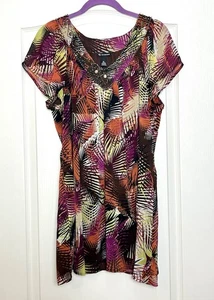 Vintage Y2K New Directions Multicolor Perlen V-Ausschnitt Top Gr. XL gefüttert Kurzarm - Bild 1 von 6