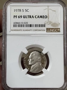 1978 S Proof Jefferson Nickel NGC PF 69 ULTRA CAMEO - Foto 1 di 5