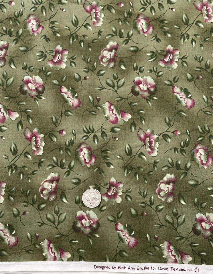 Beth Ann Bruske for David Textiles Purple Floral on Green Print Fabric 2 yds - Image 1 of 1
