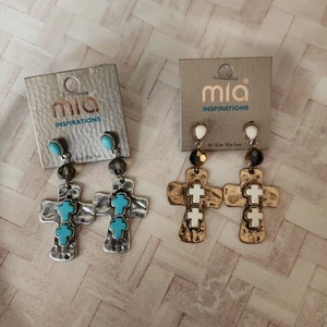 2 pr Mia collection Dangle Earrings Cross Silver gold Color Beaded Western - Picture 1 of 3