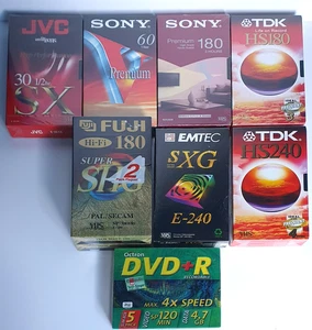 New Lot of 8 Blank VHS Tapes + DVD-R Sealed Fuji JVC Sony TDK Emtec Octron - Imagen 1 de 7