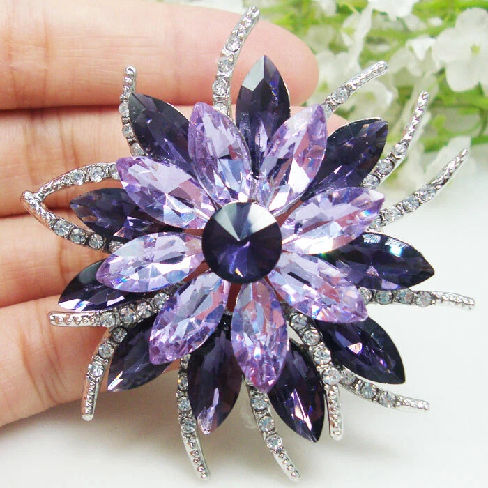 Mujer Precioso Broche Púrpura Flor Sol Tono Plata Estrás Cristal Foto 1 de 3