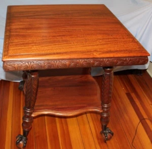 Antique Victorian Tiger Oak Parlor Table w/ metal claw and glass ball feet - Picture 1 of 11