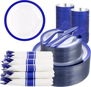 350PCS Blue Plastic Plates - Clear with Blue Trim for 50Guests Dinnerware Includ - Picture 1 of 7