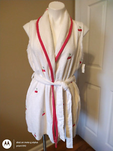 DELICATES Spa White Terry Cloth w/Pink Cherries/Green Stems Swimsuit Cover Up M