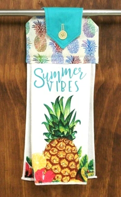 TOALLA DE MANO "VIBRACIONES DE VERANO" VERDE AZULADO ESTAMPADO PIÑA HECHA A MANO COCINA COLGANTE Foto 1 de 4