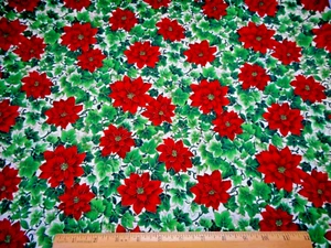Christmas Fabric By Yard Red Poinsettias Metallic Gold on Cream Cotton #43 Vtg C - Picture 1 of 2