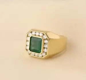 3CT Genuine Natural Emerald & GH/SI Diamond Men's Halo Ring 14k Yellow Gold - Picture 1 of 15