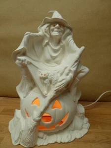 C-0072-1 Halloween Witch & Cat on a Jack O Lantern w/ light kit Ceramic Bisque - Picture 1 of 15