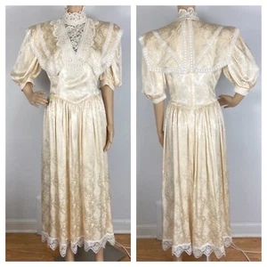 Vtg Jessica McClintock 100% Silk Jacquard Dress Sz 6 Victorian Prairie Bridal - Picture 1 of 10
