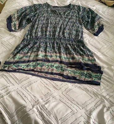 Warehouse Ladies Navy Print Boho Silk Tunic Size 12 - Image 1 of 4