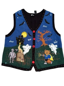 Vintage Halloween Pullover Weste - XL - Spukhaus, Geister & Bären Design 🎃 - Bild 1 von 23