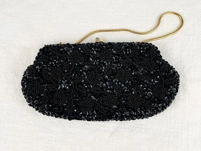 60’s Clutch Bag Hand Beaded Sequin Black Vintage Gold Tone Chain Cocktail - Image 1 of 4