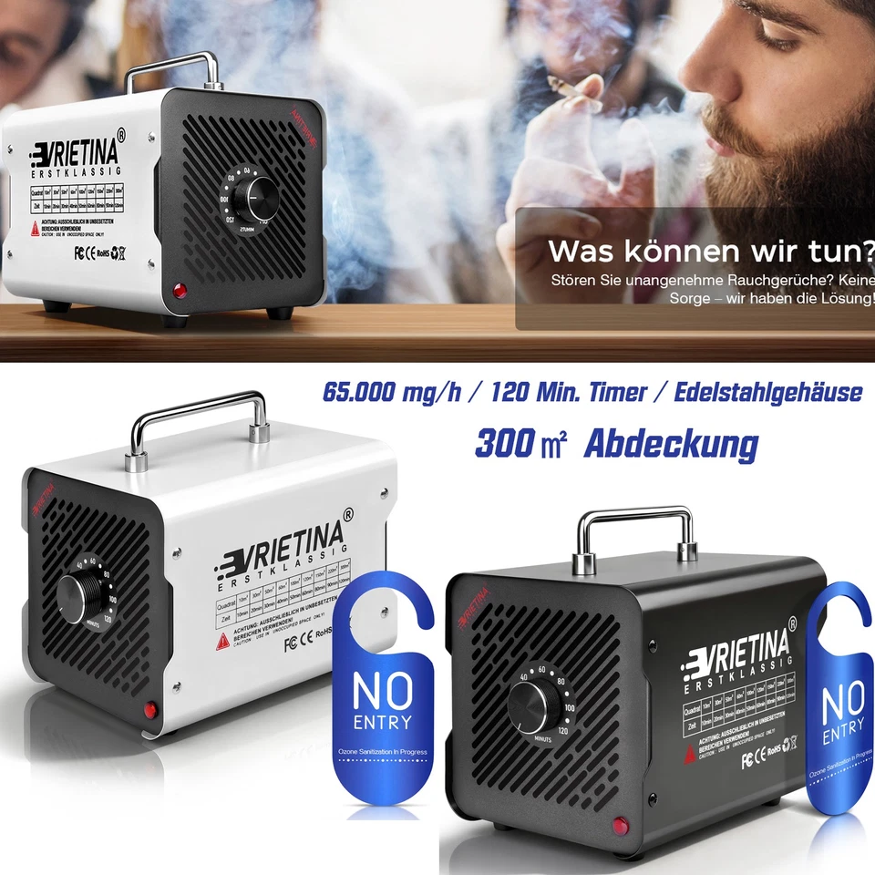 VRIETINA Edelstah Ozongenerator 65000mg/H Klein O3 Ozongerät Luftreiniger Auto Wohnung DE