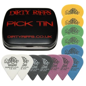 12 x Dunlop Tortex Sharp Guitar Picks / Plectrums - 2 Of Each Size In A Pick Tin - Picture 1 of 1