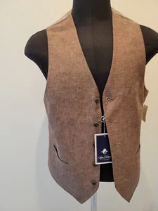 SEAN JOHN NWT VEST TAN WOOL 5 BUTN w LOGO 'SJ' TAN & SILVER POLY LIKE SILK BACK - Picture 1 of 13