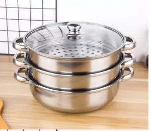 28CM 3 Tier Stainless Steel Steam Cooker Steamer Pan Cook Food Veg Pot With Lids - Picture 1 of 9