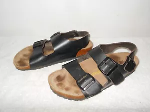 BIRKENSTOCK MILANO WOMENS USA 7 BLACK LEATHER STRAPPY SANDALS K1 - Imagen 1 de 6
