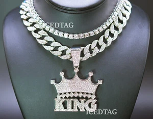 HIP HOP JUMBO CROWNED KING PENDANT, CHOCKER TENNIS & ICED BLING-ED OUT NECKLACE - Picture 1 of 7